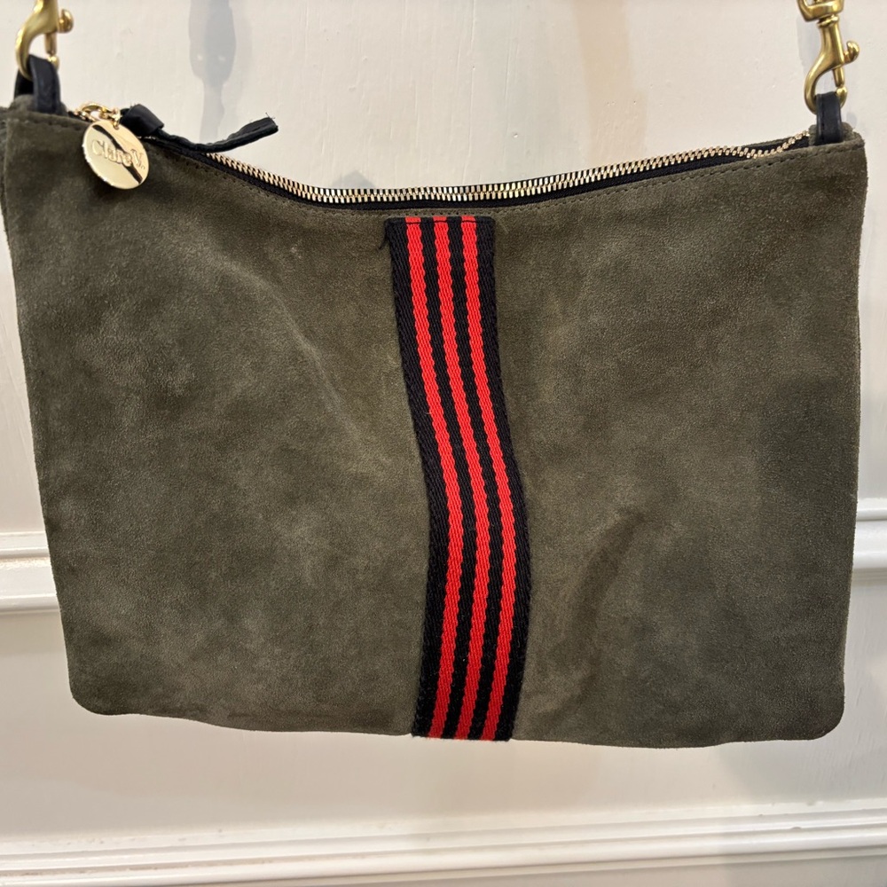 Chic Olive Suede Shoulder Bag with Red Stripe